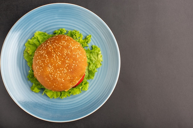 Top view of chicken sandwich with green salad and vegetables inside plate on the dark surface