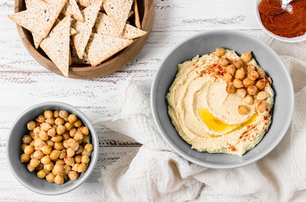 Free Photo top view of chickpeas and hummus