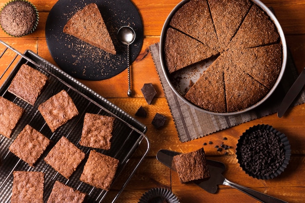 Top view chocolate cake ready to be served