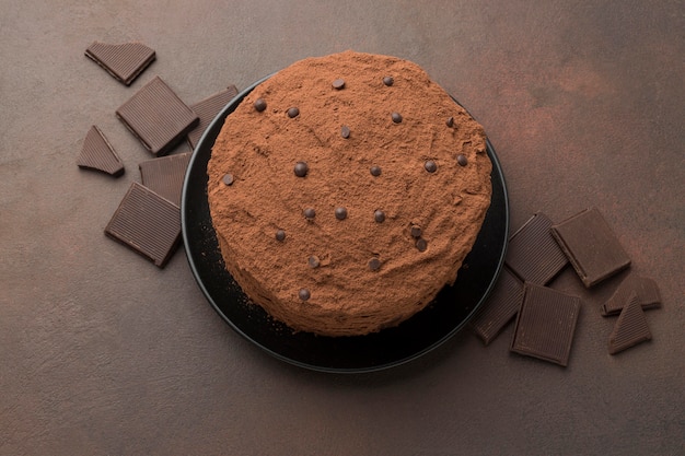 Top view of chocolate cake with cocoa powder