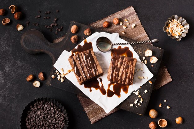 Top view chocolate dessert on the table