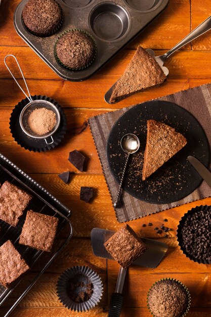 Top view chocolate desserts ready to be served