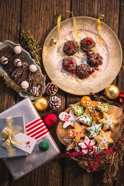 Top view of christmas cookies and gifts