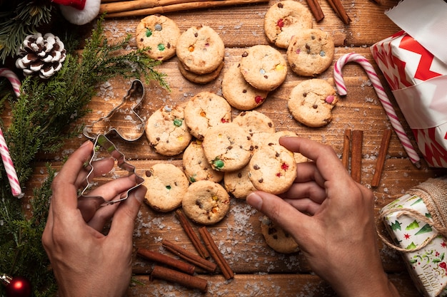 Top view christmas cookies with cinnamon