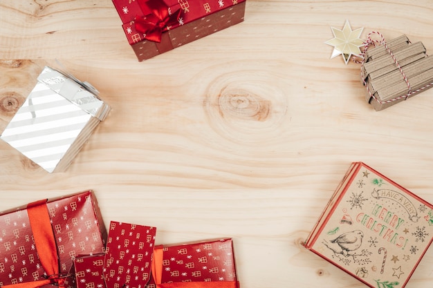 Top view christmas decoration with presents