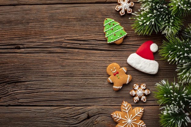 Top view christmas frame on wooden table