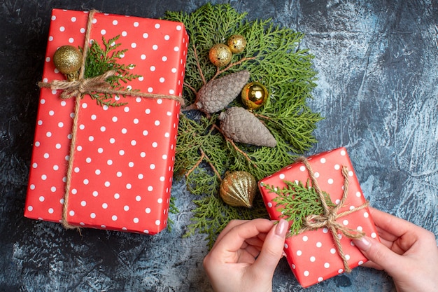 Top view christmas presents on light color table