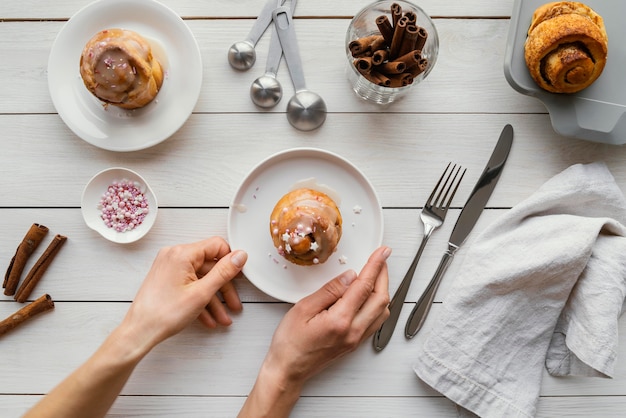 Top view cinnamon roll on plate