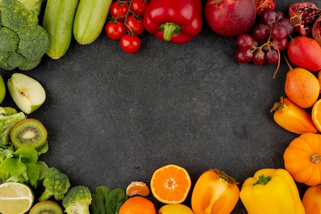 Top view circular frame with fruits and vegetables