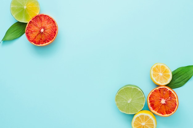 Top view citrus fruits at the corners