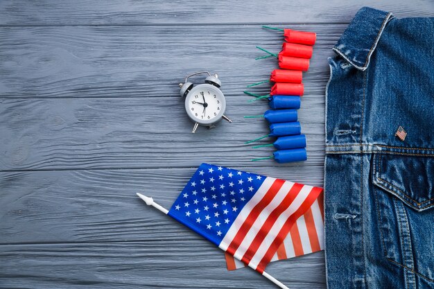 Top view of clock and American accessories