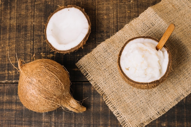 Top view coconut oil with coconut nut