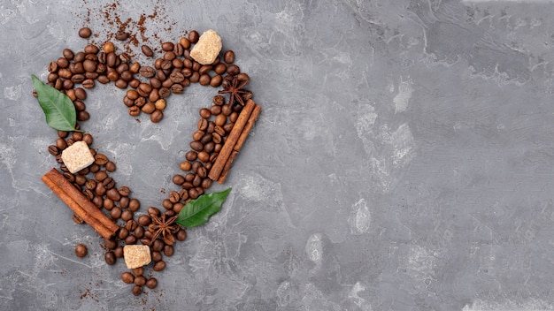 Top view of coffee beans heart with copy space