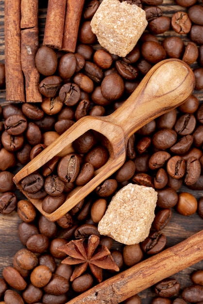 Top view of coffee concept on wooden table