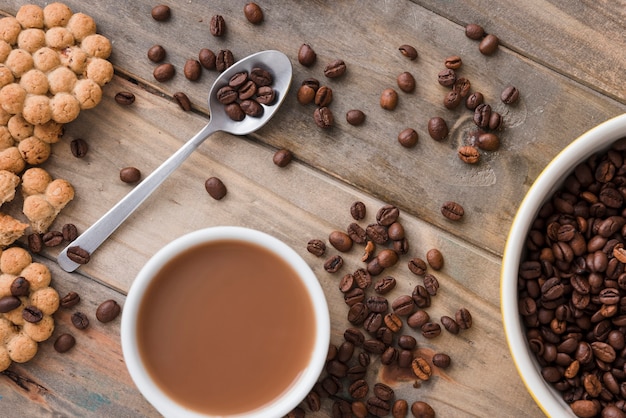 Top view coffee cup with grains