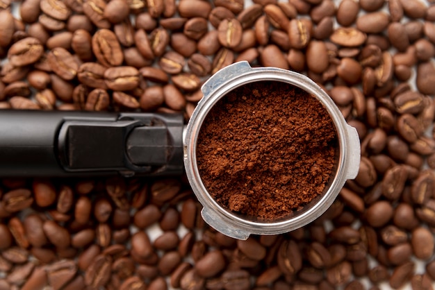 Top view of coffee powder and beans