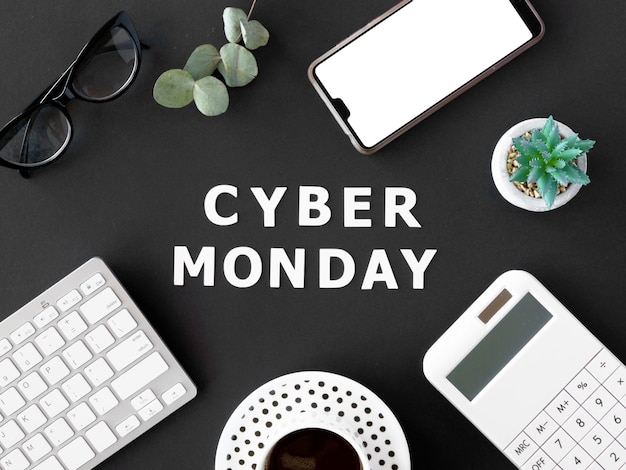 Free Photo top view of coffee with smartphone and keyboard for cyber monday