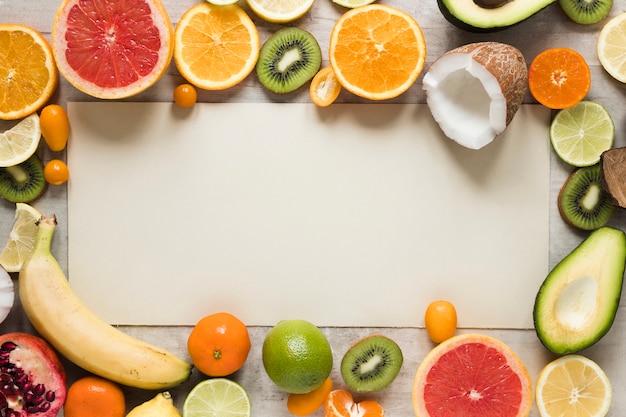 Top view collection of exotic fruits on the table