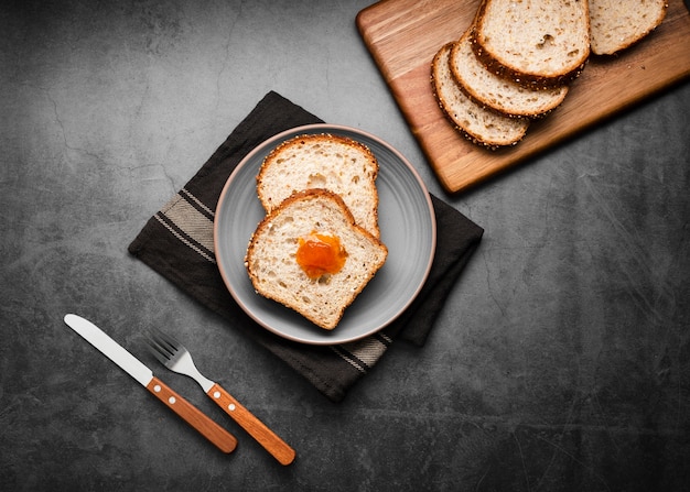 Top view collection slices of bread with jam