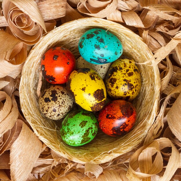 Top view of colored eggs for easter in basket