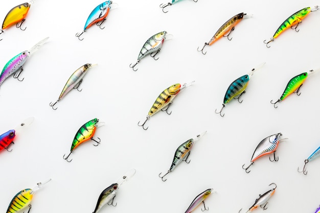 Free Photo top view of colorful assortment of fish bait