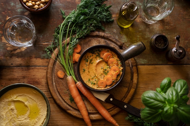 Top view over colorful hummus