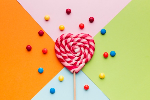 Top view colorful lollipop and sweets