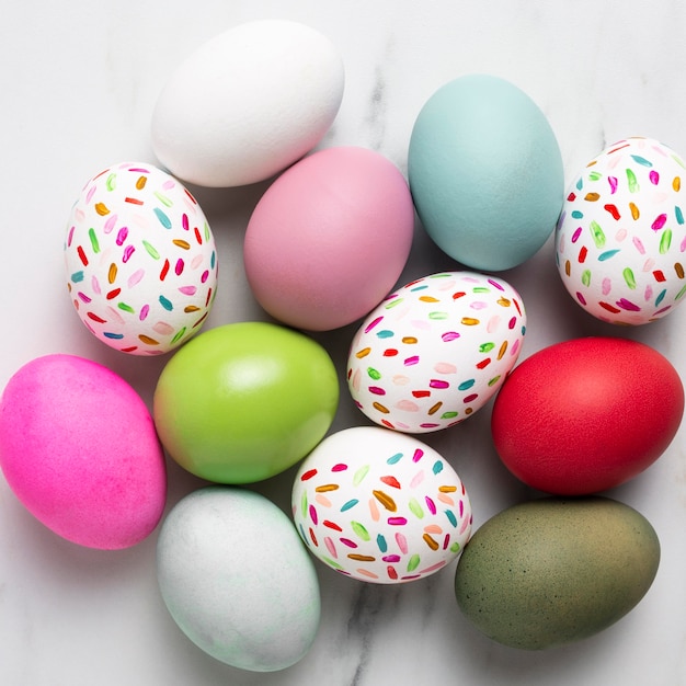 Top view of colorful painted easter eggs