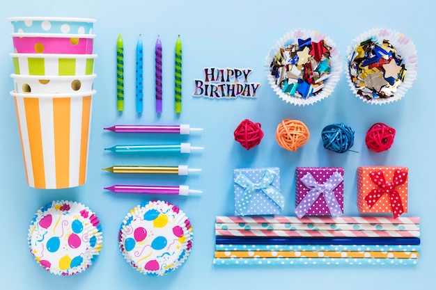 Top view colorful party items