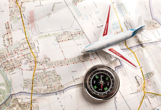 Top view compass and small plane arrangement