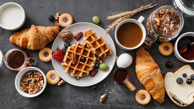 Top view composition of tasty breakfast goodies