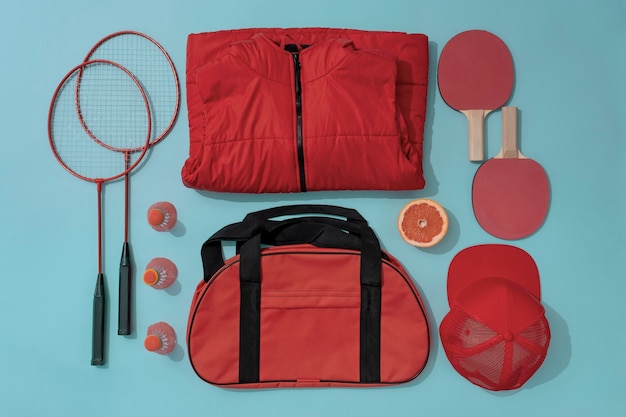 Free photo top view of composition with neatly arranged and organized sport items