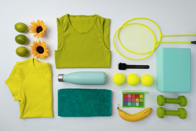 Free photo top view of composition with neatly arranged and organized sport items