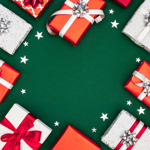 Free photo top view composition of wrapped gifts with copy space