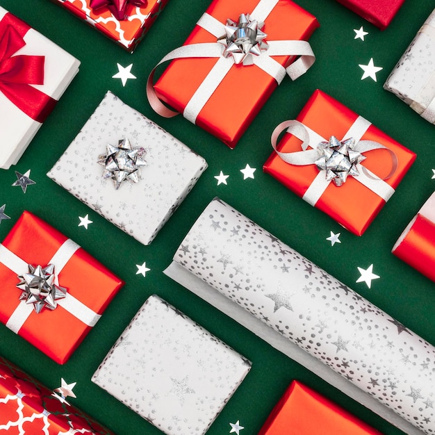 Top view composition of wrapped gifts