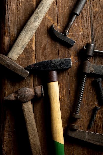 Free photo top view  construction hammers still life