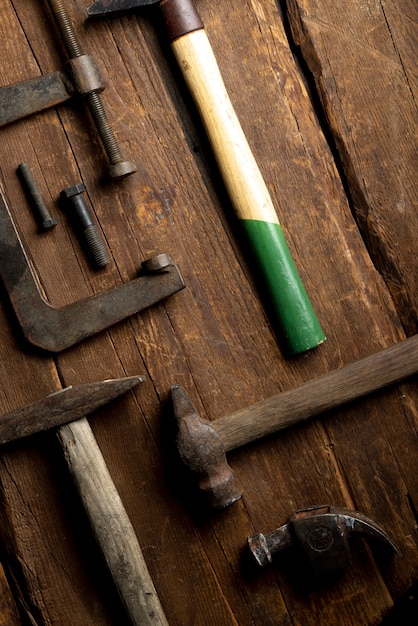 Free Photo top view  construction hammers still life