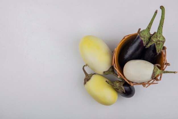 Top view  copy space white and black eggplant in basket on white background