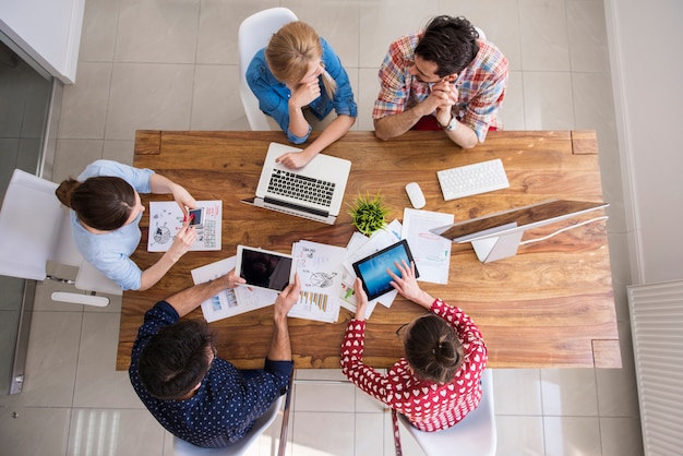 Top view coworkers team working at office