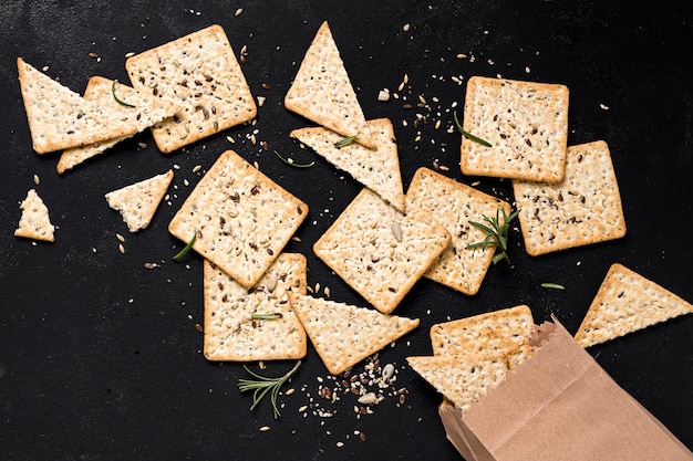 Top view of crackers with paper bag