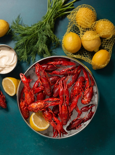 Top view crawfish and lemons still life