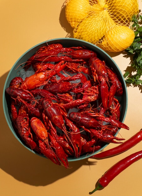 Free Photo top view crawfish and lemons still life