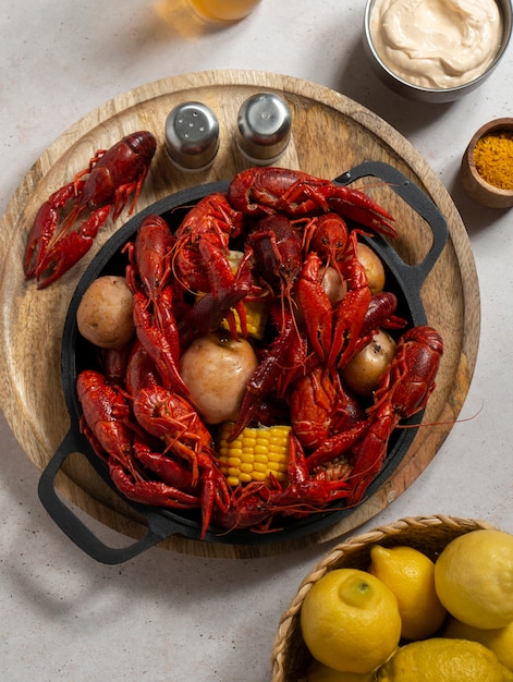 Top view crawfish and lemons still life