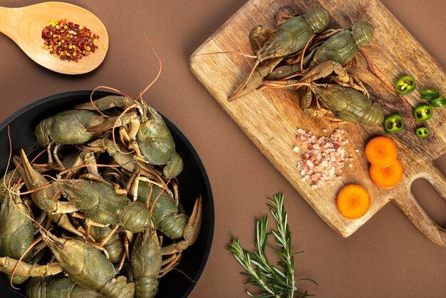 Top view of crawfish in a saucepan