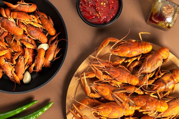 Top view of crawfish in a saucepan