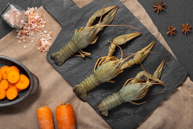 Free photo top view of crawfish in slate board