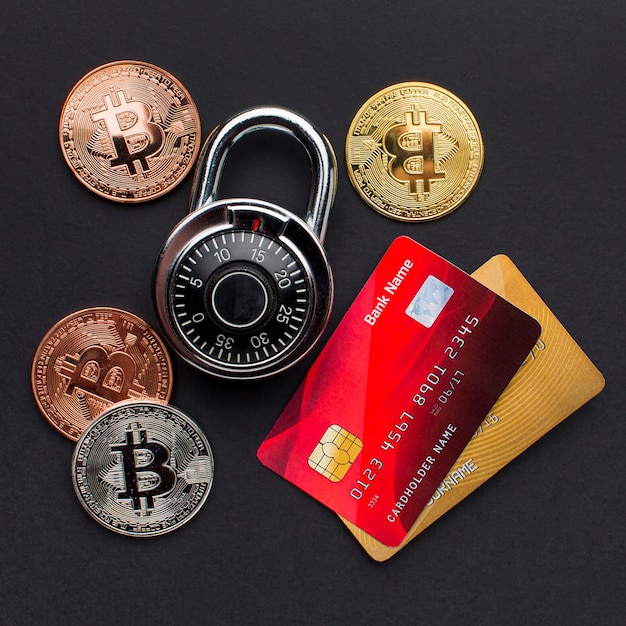 Free photo top view of credit cards with lock and bitcoin