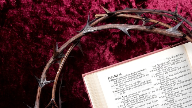 Free photo top view crown of thorns and bible on cloth