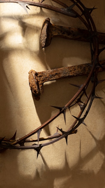 Free Photo top view crown of thorns and rusty nails