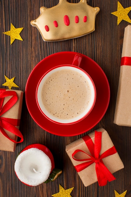 Top view cup of coffee and epiphany biscuits